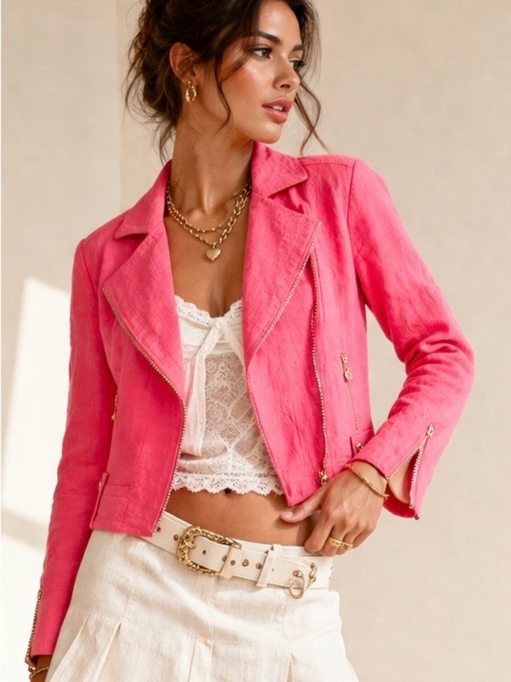 Y2K VEX Designer Moto Linen like Crop Perfecto Blazer Gold Zip Coral Sz 8